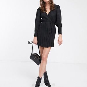 & Other Stories Plisse Black Mini Wrap Dress